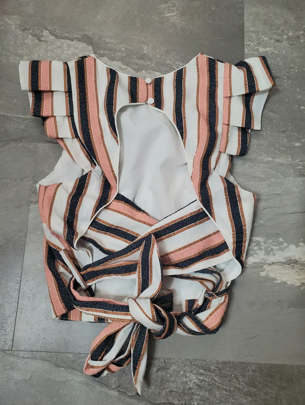 Adelyn Rae Striped Ruffle Open-Back Tie-Front Crop Top in Pink, Navy & White. S. - Picture 2 of 9